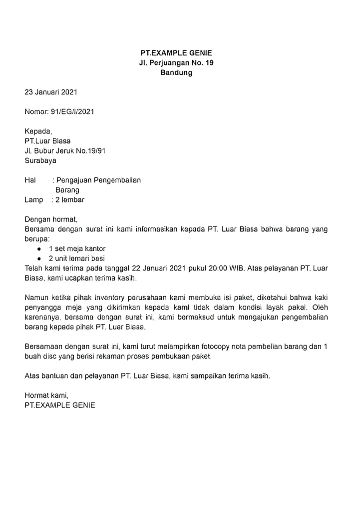 Contoh Surat Retur Barang Perusahaan